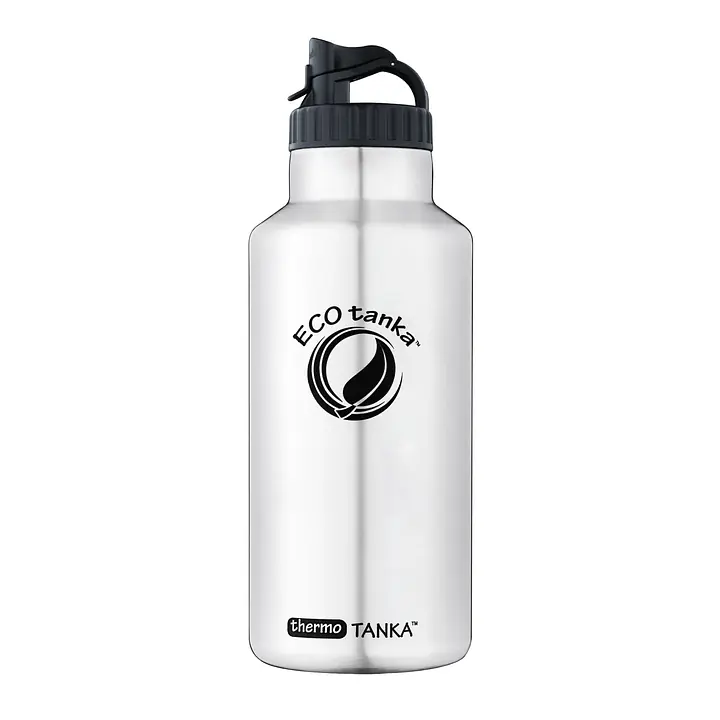 ecotanka thermoTANKA 2000 ml double-wall vacuum insulated stainless steel water bottle with Mega PP lid with carry loop and convenient spout, keeps drinks hot or cold for hours, reusable and BPA-free.