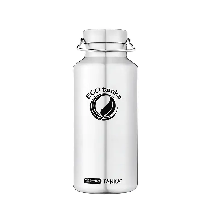 ecotanka 2.0L thermoTANKA double-wall vacuum insulated stainless steel bottle with durable Mega Stainless Steel Lid (MSS) featuring extra strong square carry handle, made from 100% pure 304 stainless steel, BPA-free and reusable.
