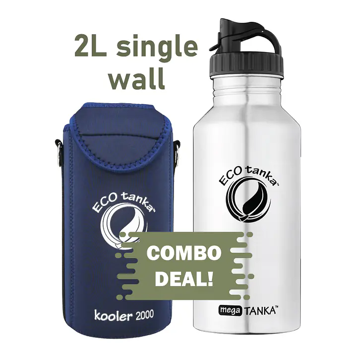 ECOtanka megaTANKA 2.0L single-wall stainless steel water bottle with durable Mega PP lid and dark blue neoprene Kooler cover, reusable and BPA-free, combo deal.