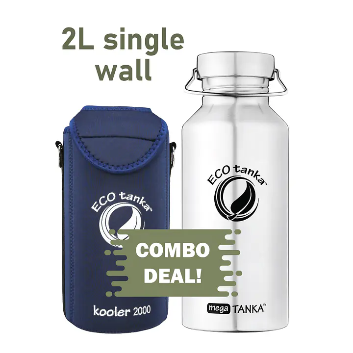 ECOtanka megaTANKA 2.0L single-wall stainless steel water bottle with durable Mega stainless steel lid featuring carry loop and convenient spout, and dark blue neoprene Kooler cover, reusable and BPA-free, combo deal.