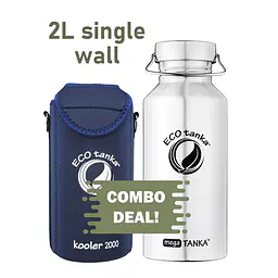 ECOtanka megaTANKA 2.0L single-wall stainless steel water bottle with durable Mega stainless steel lid featuring carry loop and convenient spout, and dark blue neoprene Kooler cover, reusable and BPA-free, combo deal.