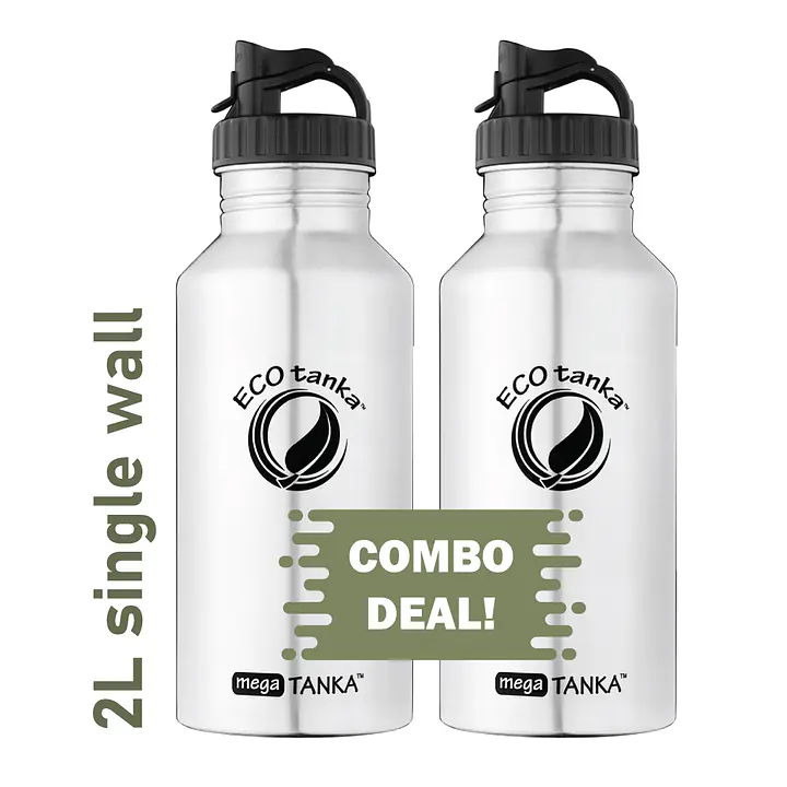 ECOtanka megaTANKA 2.0L single-wall stainless steel water bottle with durable Mega PP lid featuring carry loop and convenient spout, reusable and BPA-free, twin pack.