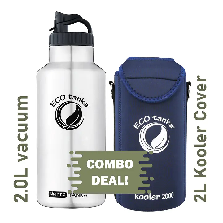ecotanka thermoTANKA 2.0L stainless steel insulated bottle with Mega PP Lid and Dark Blue Kooler Cover combo – double-wall vacuum design for hot or cold drinks, durable, eco-friendly, and reusable hydration bottle.