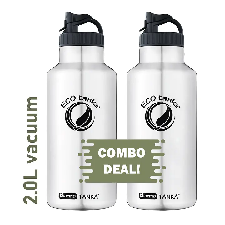 ecotanka thermoTANKA 2.0L double-wall stainless steel vacuum bottles twin pack with Mega PP Lids – durable, leakproof, insulated, eco-friendly hydration bottles for hot or cold drinks.
