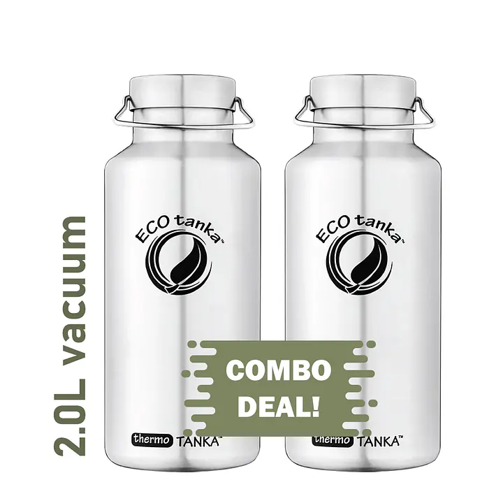 ECOtanka thermoTANKA 2.0L double-wall vacuum insulated stainless steel water bottle with durable Mega stainless steel lid featuring extra strong square carry handle, keeps drinks hot or cold for hours, reusable and BPA-free, twin pack.