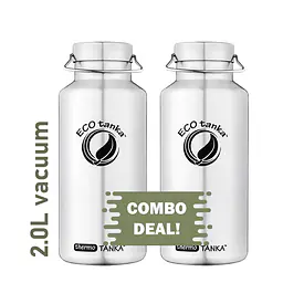 ECOtanka thermoTANKA 2.0L double-wall vacuum insulated stainless steel water bottle with durable Mega stainless steel lid featuring extra strong square carry handle, keeps drinks hot or cold for hours, reusable and BPA-free, twin pack.
