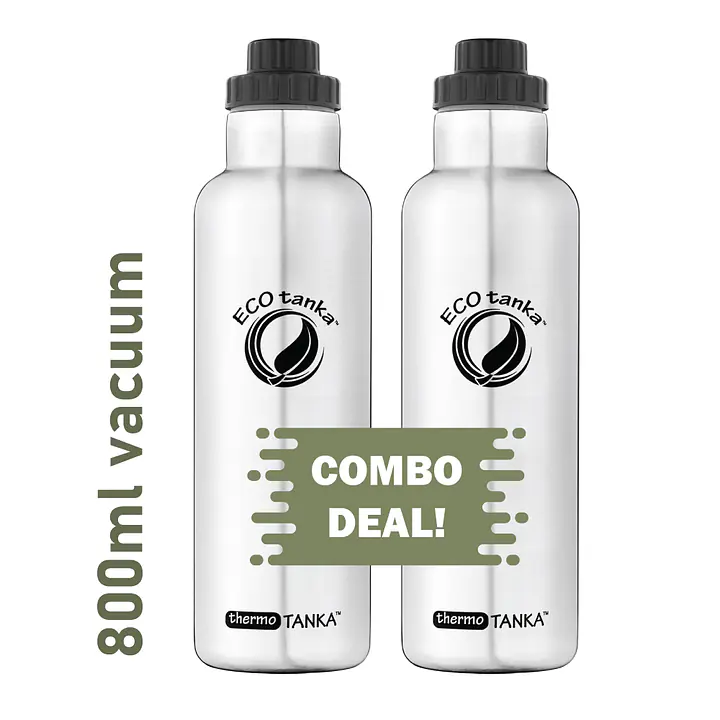 ecotanka thermoTANKA 800ml double-wall vacuum insulated stainless steel bottle with durable ScrewTOP lid, interchangeable with most supermarket soda bottle caps, keeps drinks hot or cold for hours, reusable and BPA-free, twin pack.