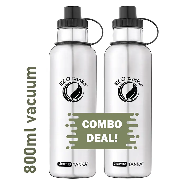 ecotanka thermoTANKA 800ml double-wall vacuum insulated stainless steel bottle with durable sports lid featuring triple-seal leak-proof design and sipper function, BPA-free, fits 350ml–1200ml ecotanka bottles, twin pack.