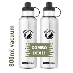 ecotanka thermoTANKA 800ml double-wall vacuum insulated stainless steel bottle with durable sports lid featuring triple-seal leak-proof design and sipper function, BPA-free, fits 350ml–1200ml ecotanka bottles, twin pack.