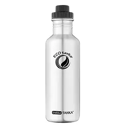 ecotanka 1L trekkaTANKA single-wall stainless steel water bottle, lightweight and coating-free with laser-printed logo, featuring durable ScrewTOP lid interchangeable with most supermarket soda bottle caps, BPA-free and reusable.