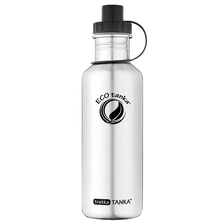 ecotanka 1L trekkaTANKA single-wall stainless steel water bottle, lightweight and coating-free with laser-printed logo, featuring durable sports lid with triple-seal leak-proof design and sipper function, BPA-free and reusable.