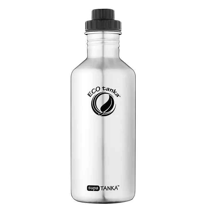 ecotanka 1.2L supaTANKA single-wall stainless steel water bottle, lightweight and coating-free with laser-printed logo, featuring durable ScrewTOP lid interchangeable with most supermarket soda bottle caps, BPA-free and reusable.