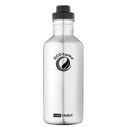 ecotanka 1.2L supaTANKA single-wall stainless steel water bottle, lightweight and coating-free with laser-printed logo, featuring durable ScrewTOP lid interchangeable with most supermarket soda bottle caps, BPA-free and reusable.