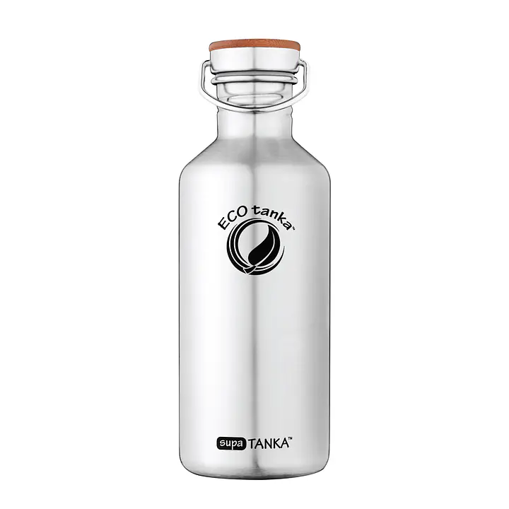ecotanka 1.2L supaTANKA single-wall stainless steel water bottle with eco-friendly stainless steel bamboo lid (SSB), featuring natural bamboo top and stainless steel base, BPA-free and reusable.
