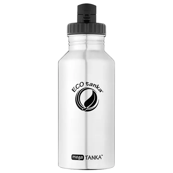 ecotanka 2L megaTANKA single-wall stainless steel water bottle, lightweight and coating-free with laser-printed logo, featuring durable Mega PP Lid with carry loop and convenient spout, BPA-free and reusable.