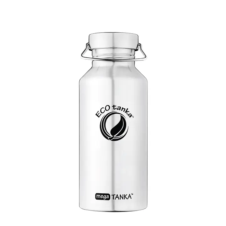 ecotanka 2L megaTANKA single-wall stainless steel water bottle, lightweight and coating-free with laser-printed logo, featuring durable Mega Stainless Steel Lid (MSS) made from 100% pure 304 stainless steel with extra strong square carry handle, BPA-free and reusable.