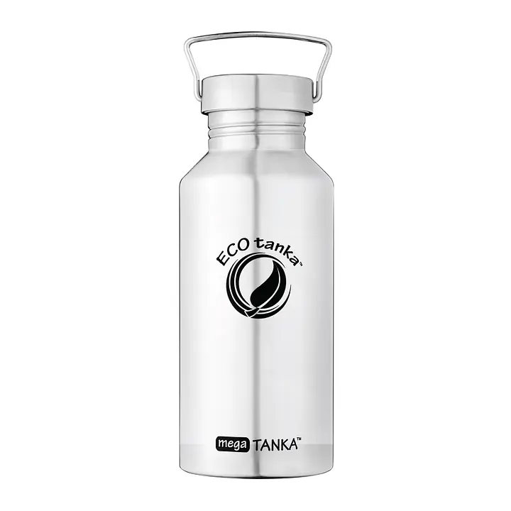 ecotanka 2L megaTANKA single-wall stainless steel water bottle, lightweight and coating-free with laser-printed logo, featuring durable Mega Stainless Steel Lid (MSS) made from 100% pure 304 stainless steel with extra strong square carry handle, BPA-free and reusable.