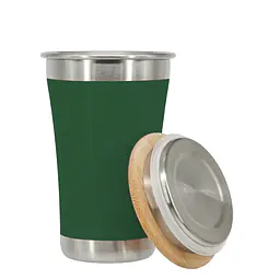 ecotanka 350ml UrbanGo Cup, vacuum insulated stainless steel cup with sleek comfortable grip, featuring eco-friendly bamboo and stainless steel lid, keeps drinks hot or cold for hours, reusable and BPA-free.